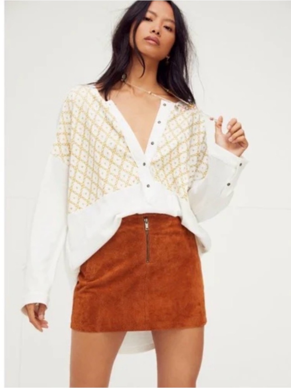 Free People We The Free Free Spirit Henley Top Embroidered Relaxed Boho Sz Large